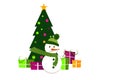 Green Christmas tree with gifts and a snowman on a white background.